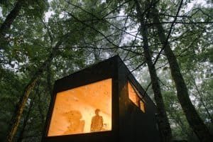 Tiny home in woods at night